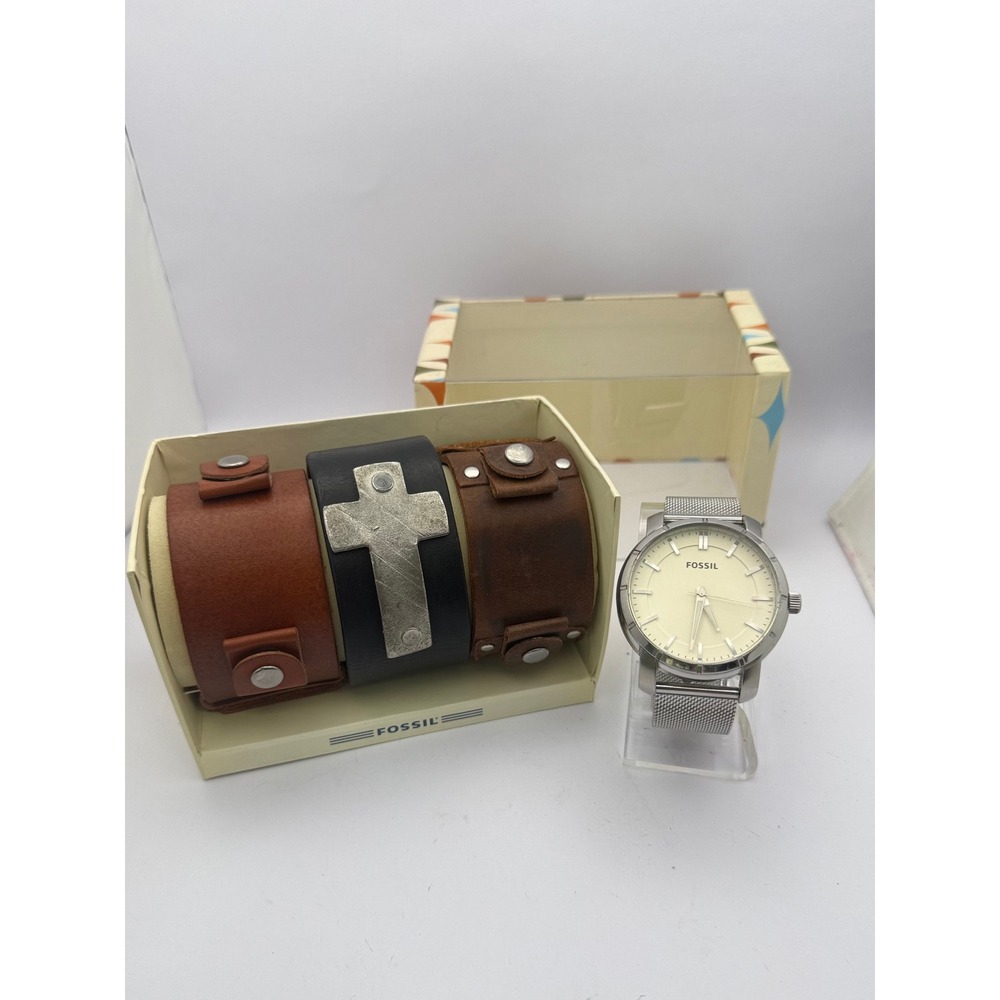 Fossil Convertible Cuff‎ Bracelet Watch Set Wide Leather Cross Stud Cuffs w Box